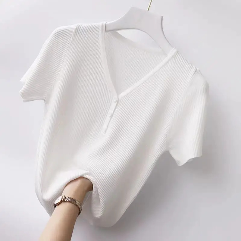 Summer Korean Fashion Vneck Slim Ice Silk Thin Short Sleeve Knit Tshirt Women Solid Patchwork Button Versatile Top 250211