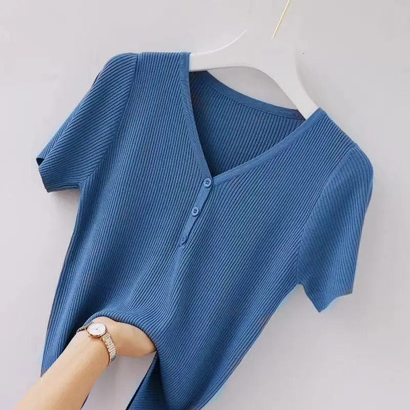 Summer Korean Fashion Vneck Slim Ice Silk Thin Short Sleeve Knit Tshirt Women Solid Patchwork Button Versatile Top 250211