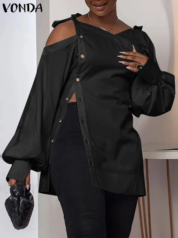 Pulse Size 5XL VONDA Women Blouses Casual Solid Long Sleeve Blouses American Style Off The Shoulder Tops Fashion Irregular Shirts 250210