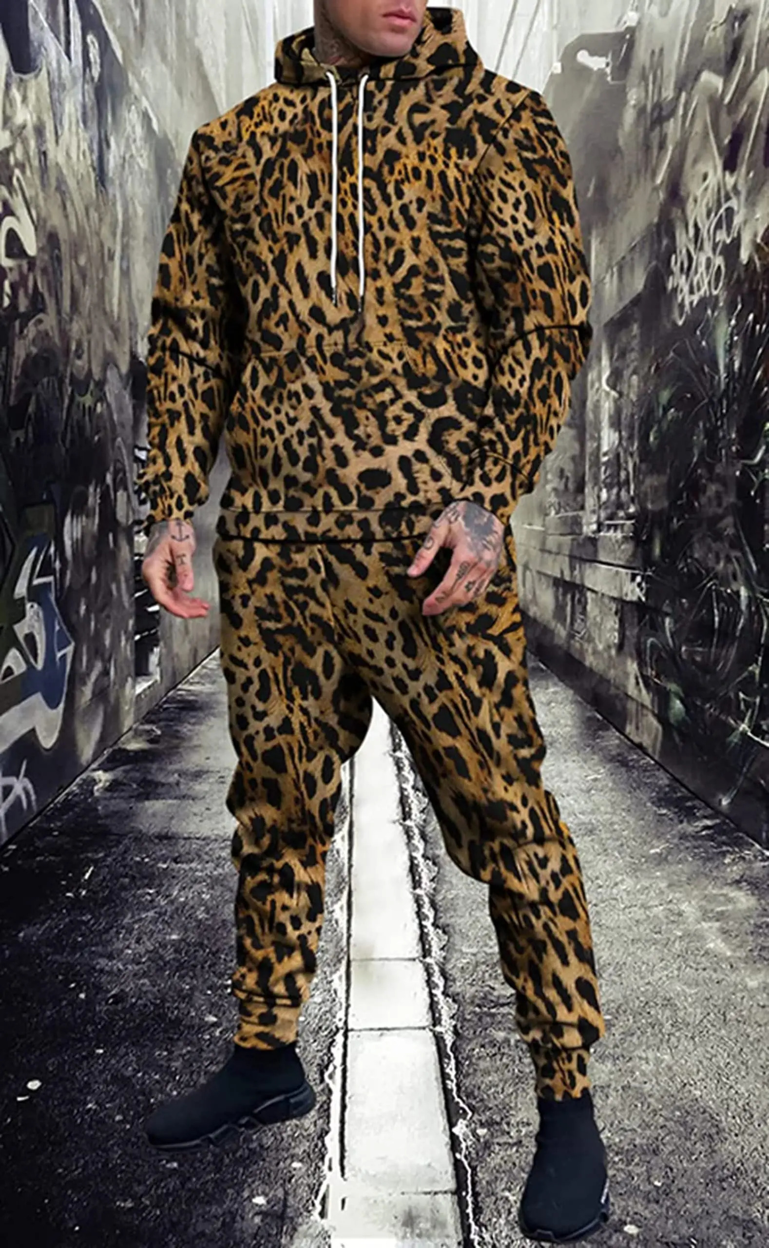 3D Leopard Print Mens Hoodie Pants 2-Piece Outfits Autumn/Winter Mens/Womens Hooded Sweatshirt Sets Oversized Tracksuit Suits 250214