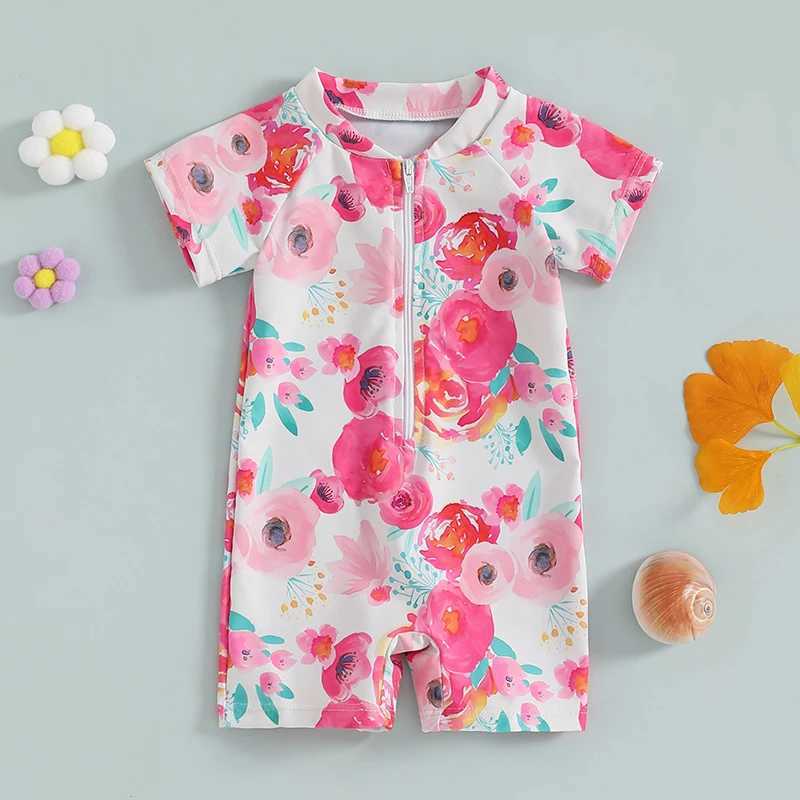 Toddler Girls Rash Guard Swimsuit Playsuits Short Sleeve Zipper Floral Print Baby Bathing Suit SwimwearXJ250214
