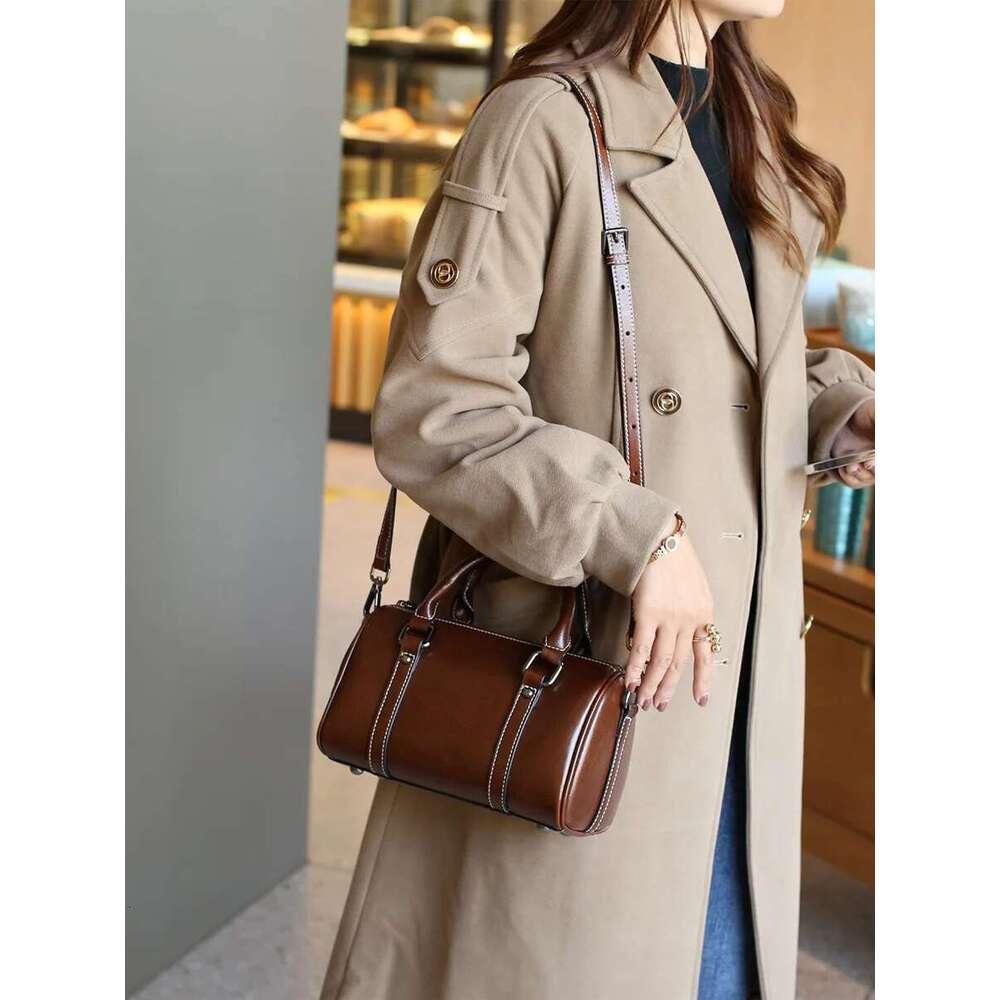 Wax Cowhide Crossbody Women's Bag Classic Texture Boston Pillow Bag