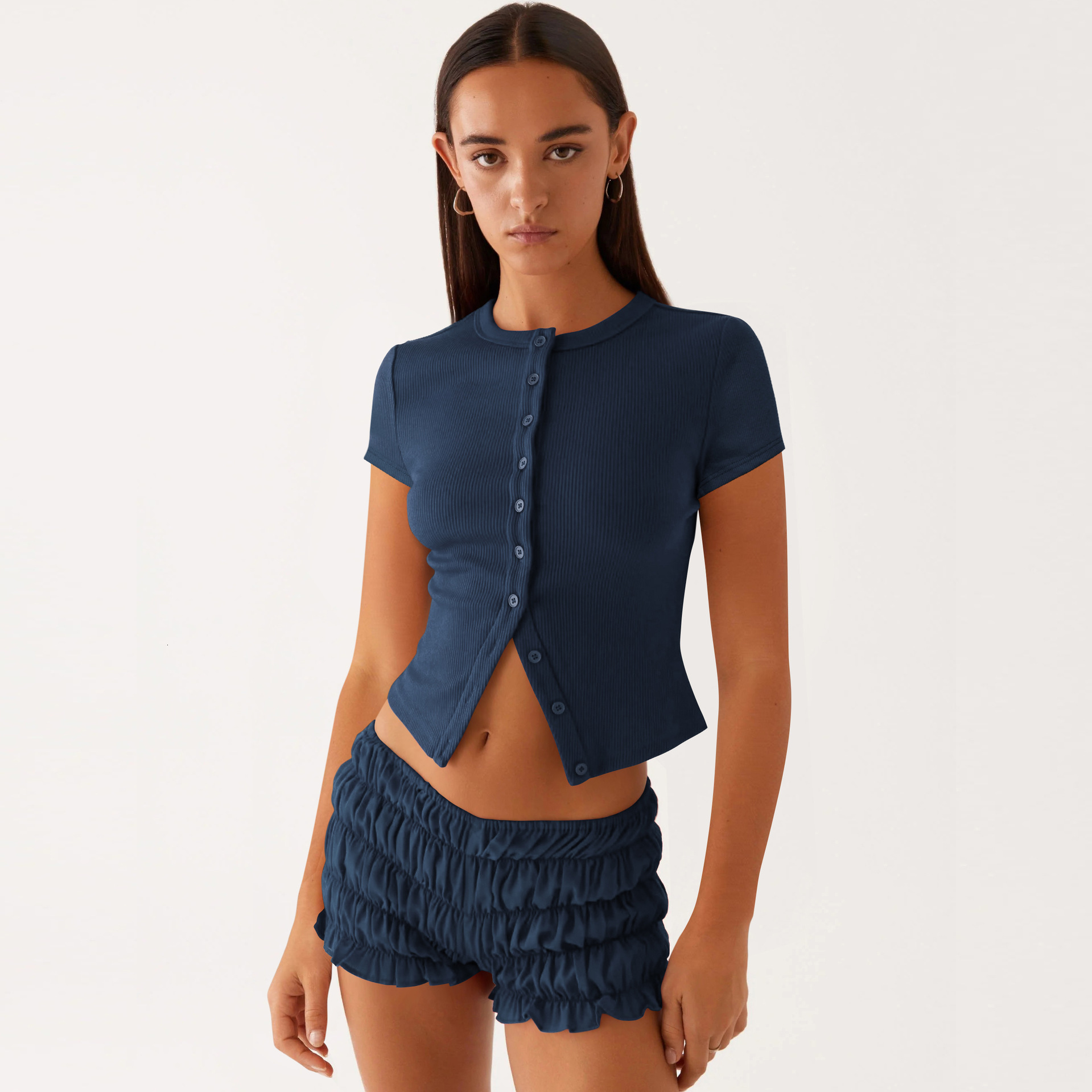 Designer Fashion Trend Free Shipping 2025 Summer Women Clothing New Collection Buckle Slimming Short Sleeved T-shirt Single Breasted Knitted Top