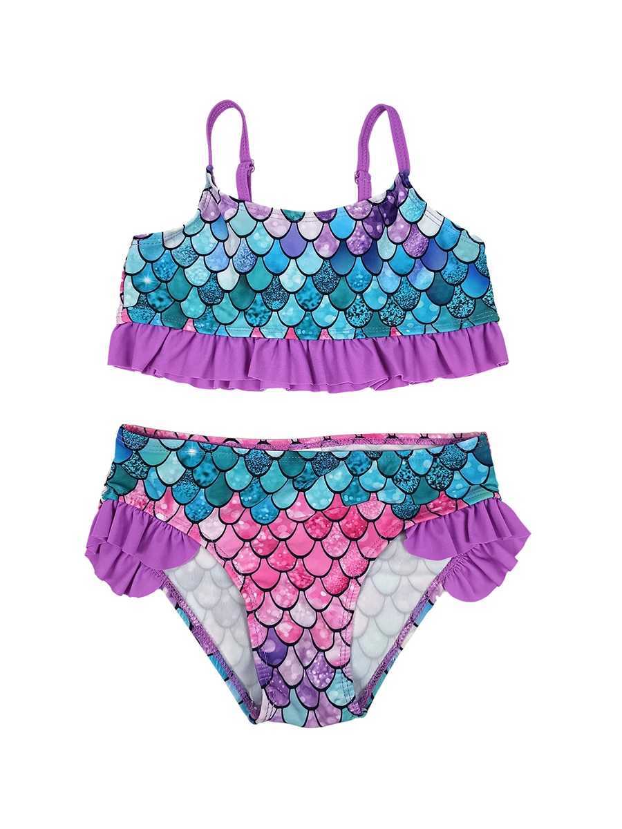 Able Summer Swimsuit Set for Girls 5-12Y Kids Swimwear Fish Scale Cami Top Ruffled Trim Mid Stretch Shorts Bikini TankiniXJ250214