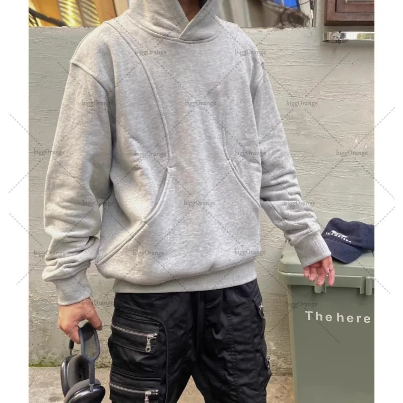 High Street Trend Y2K Streetwear Retro Harajuku Solid Color Splicing Oversized Sweatshirt Men Cotton Casual Hoodie 250214