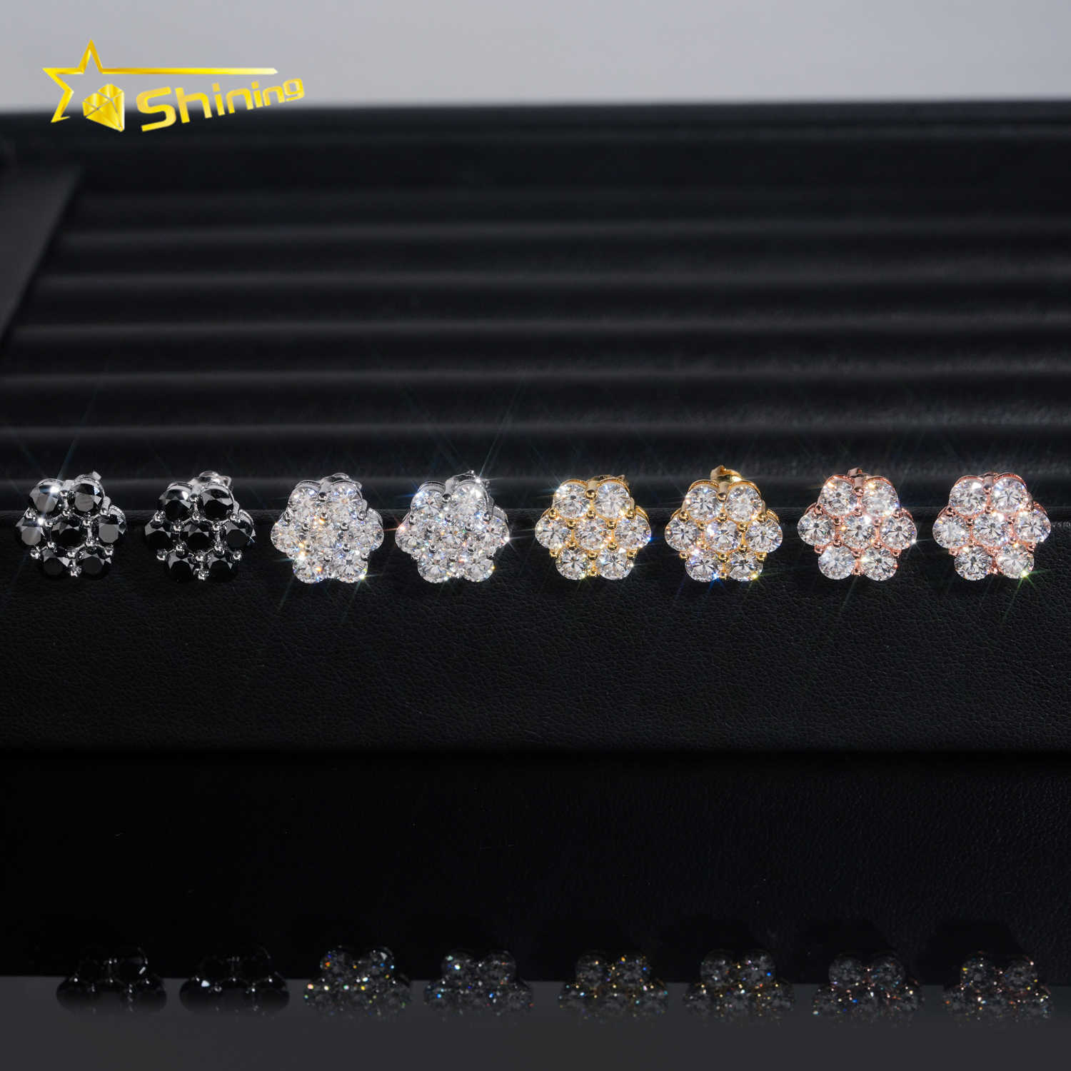 Hot Sale Trendy 12mm Cluster Flower Screw Back Stud Earrings 925 Silver Gold Plated Black Moissanite Pass Diamond Tester Earring
