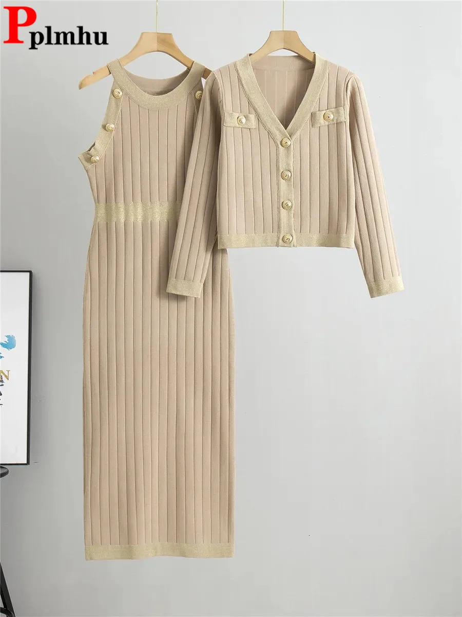 Elegant ultra-thin knitted 2-piece set for womens O-neck sleeveless knitted dress Conjuntos Korean long sleeved short cardigan top set 250210