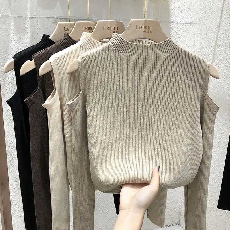 Spring and autumn solid color semi long sleeved sweater womens long sleeved off shoulder elegant slim fit top 250210