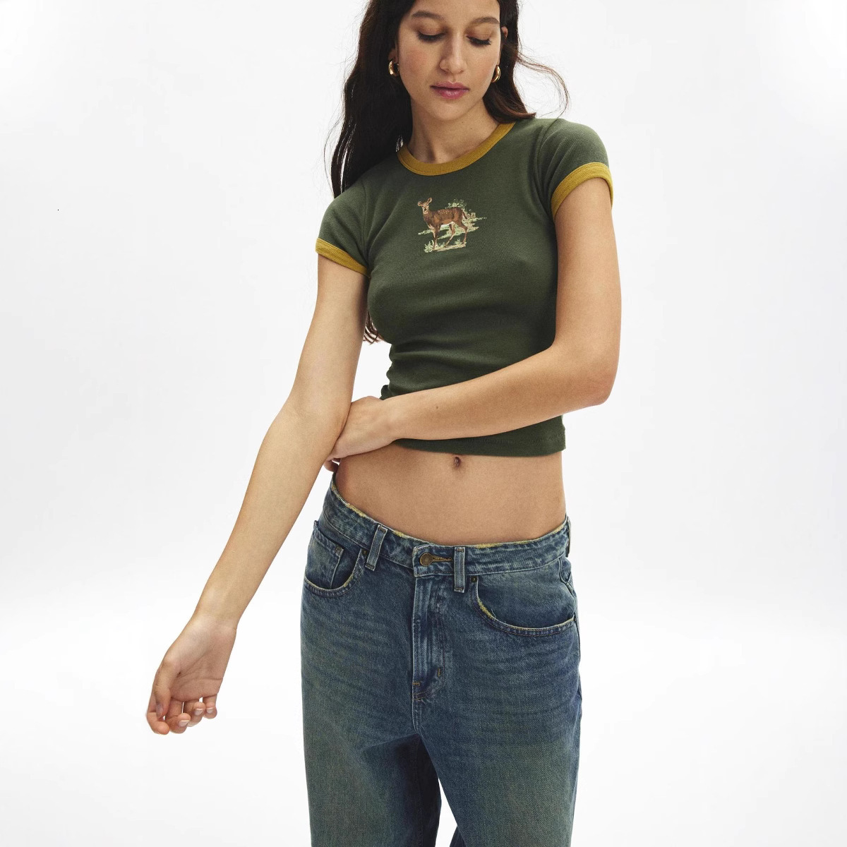 Designer Free Shipping Fashion Trend 2025 Spring New Collection Women Top Y2K Personalized Printed Color Contrasting Slimming T-shirt