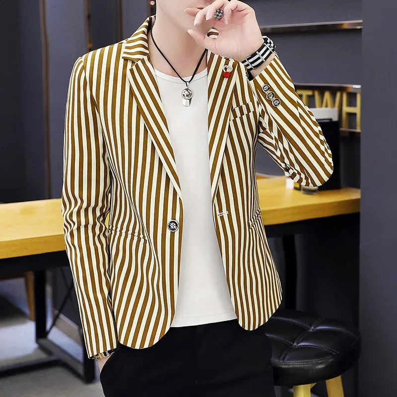 Mens Blazer Jacket Suit Male Casual Korean Style Trendy Slim Striped Student Small Hair Stylist Single Top 250214