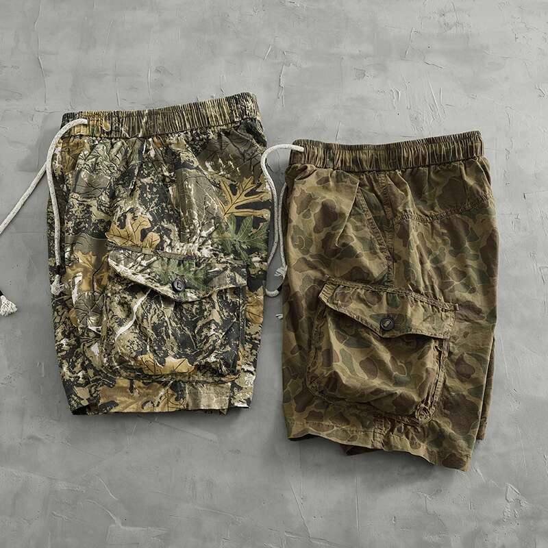 Vintage De Spot Camouflage Cargo Shorts Men's Loose Straight Leg Summer New Multi-Pocket Quarter Casual Pants Trend