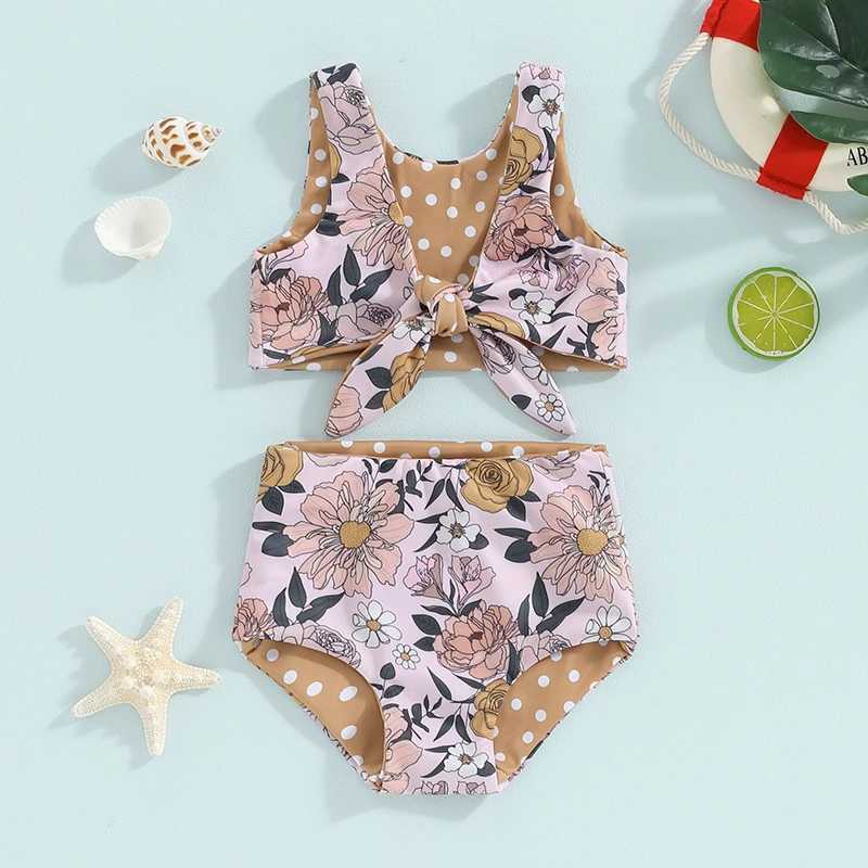 Kids Girl Two Piece Swimsuits Summer Striped/Floral Print Knotted Tankini and Elastic Shorts Set Bikini Bathing SuitsXJ250214