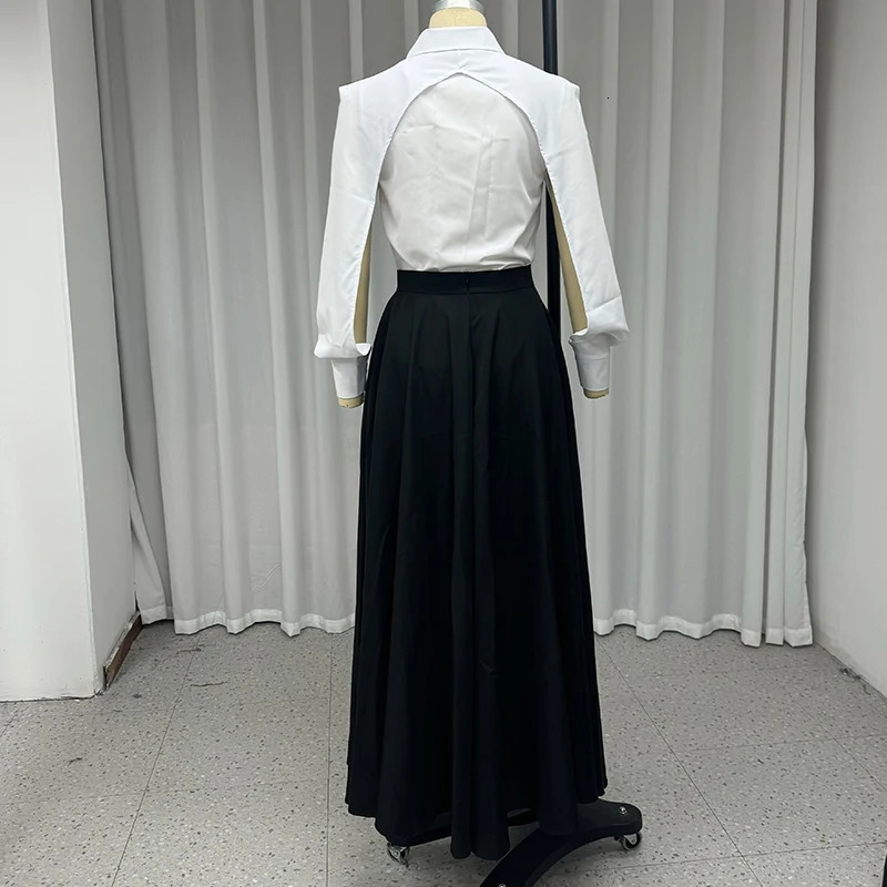 Wefads Autumn Winter Two Piece Set Elegant Solid Long Sleeve Hollow Out Laple Shirt Top Loose Black Dress Sets Women Clothing 250214