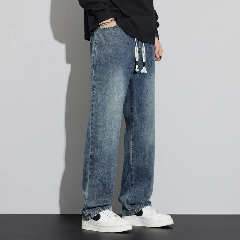 Mens regular fit straight leg jeans casual drawstring elastic waist denim pants lightweight carpenter Jean 250214