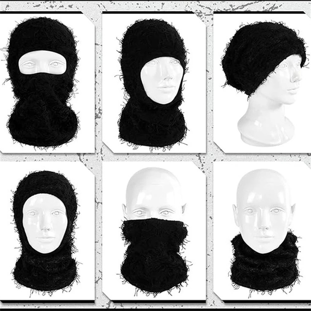 1pcs Balaclava Distressed Knitted Full Face Ski Mask For Men Women Beanies Hats Camouflage Winter Warm Windproof Hats Black Red 250214