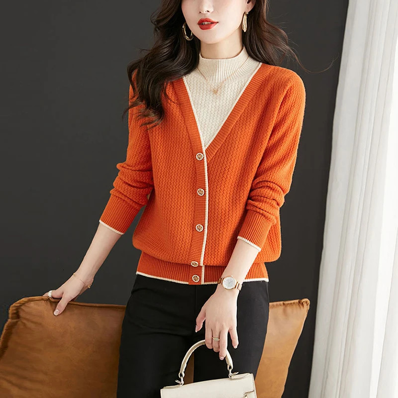 Autumn Winter Two Pieces Patchwork Knitted Sweater Ladies Loose Casual Allmatch Pullover Tops Women Jumpers Female Clothes 250211