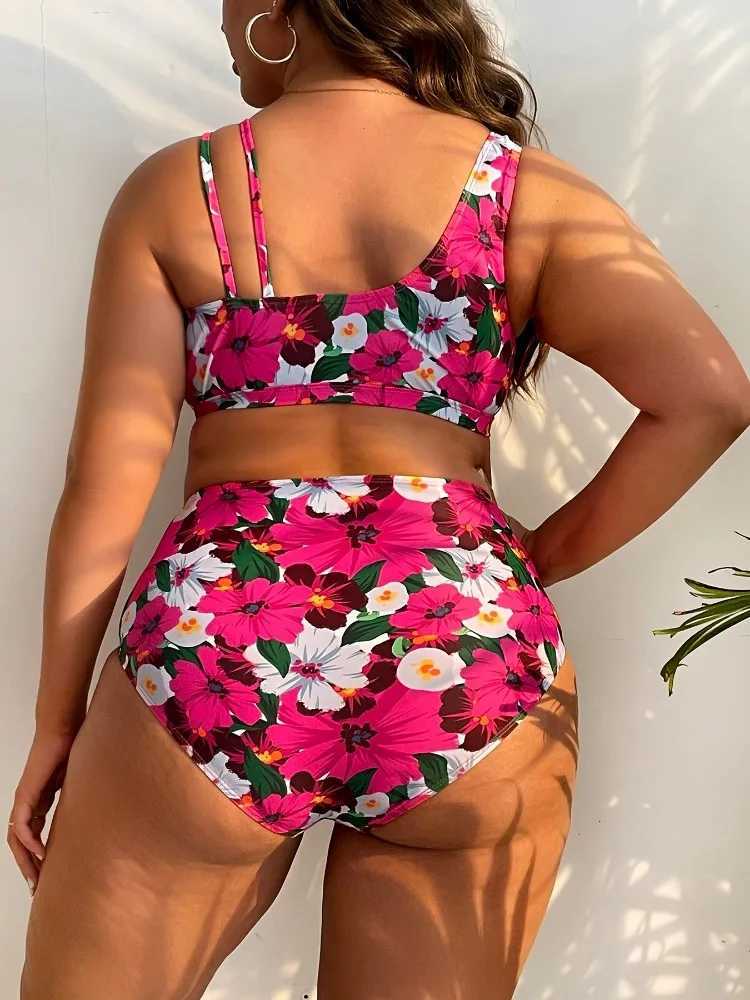 2023 Plus Large Size Ruffle Bikini Floral Swimwear Women Trim Tie Front Swimsuit Female High Waist Swimming Bathing SwimsuitW250214