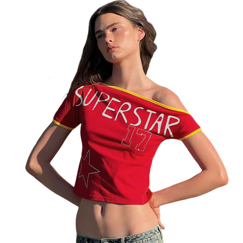 Women's Clothing 2025 Spring/summer New Style Personalized Sloping Shoulder Sexy Exposed Navel Hot T-shirt Short Sleeved Women's Designer Fr