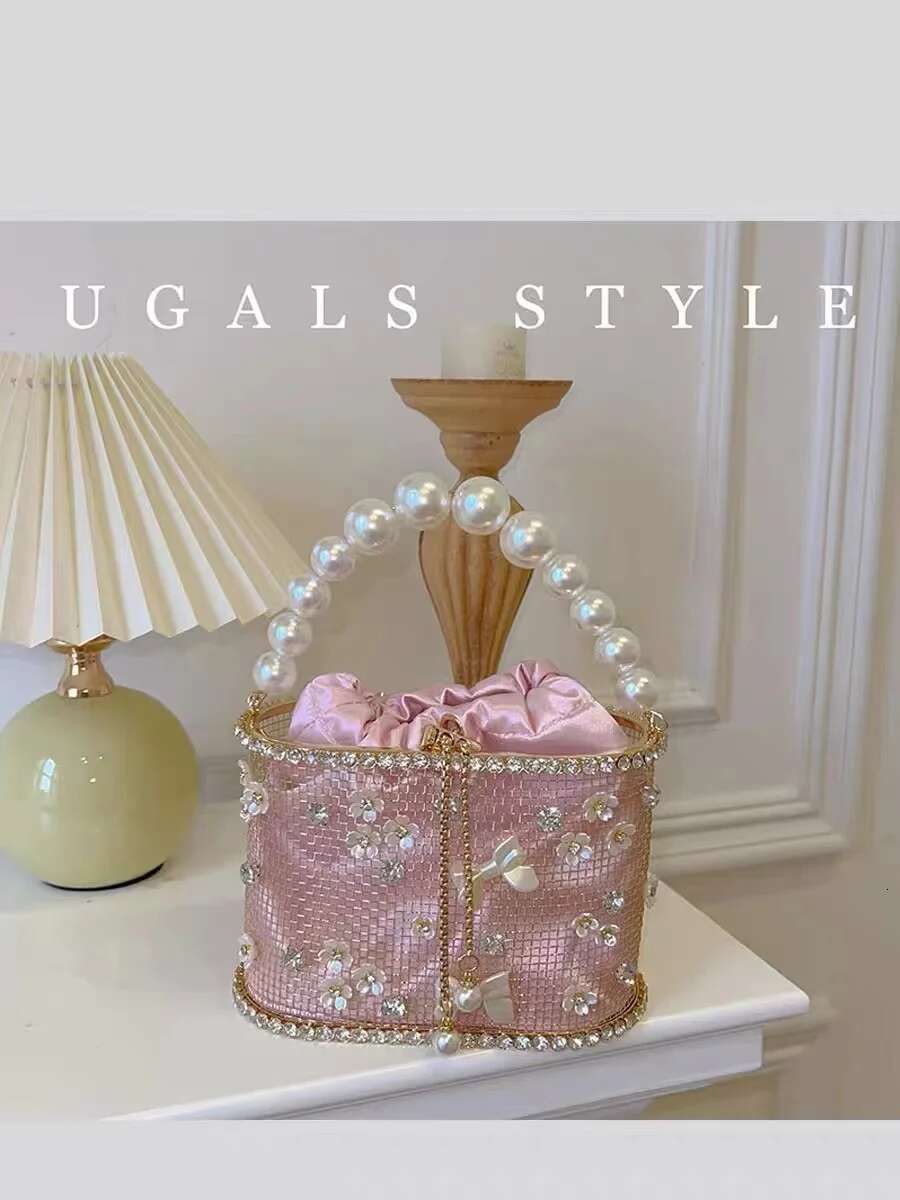 Pearl Beaded Women's Handbag Metal Cage Crystal Shiny Dias Evening Wedding Party Clutch Purse Shoulder Bag