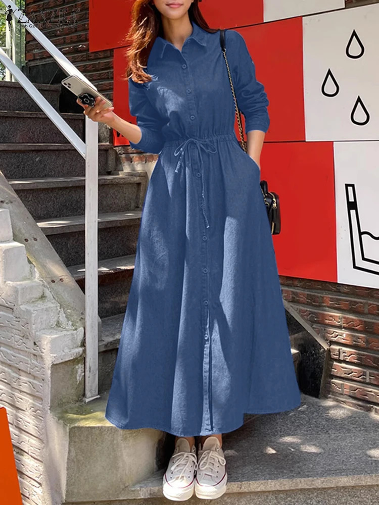 ZANZEA Spring Denim Blue Dress Women Elegant Long Sleeve Work Sundress Casual Lapel Neck Holiday Dresses Maxi Dress Kaftan 250213