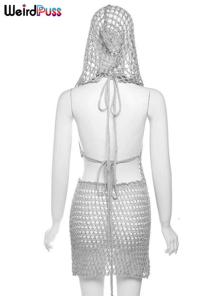 Weird Puss Sequins Women 2piece Set Sexy See Through Irregular Backless Hooded Tank TopsPeach Hip Skirts Midnight Clubwear Suit 250214
