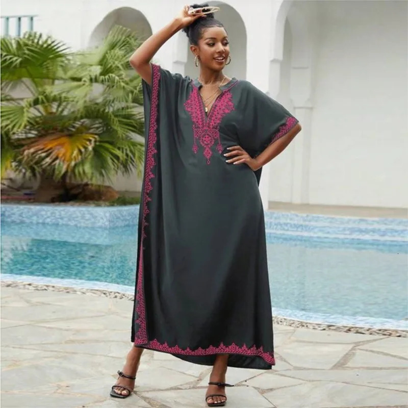 Womens Vintage Loose Dress Cotton Beach Cover-up Embroidered Robe Vacation Sun Protection Bikini Cover-up Sexy Dresses For Women 250213