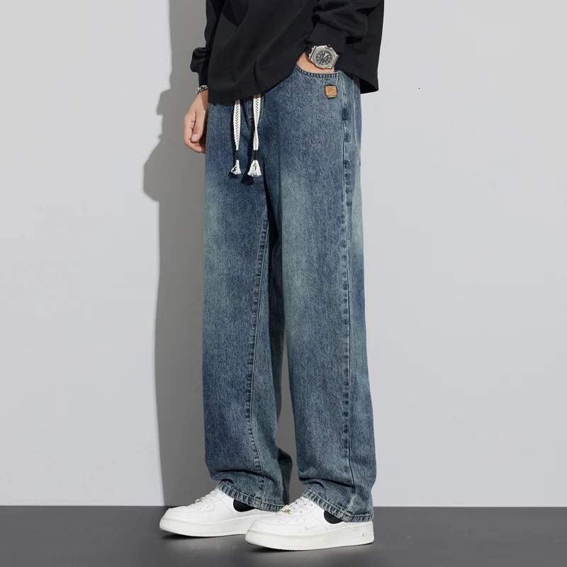 Mens regular fit straight leg jeans casual drawstring elastic waist denim pants lightweight carpenter Jean 250214