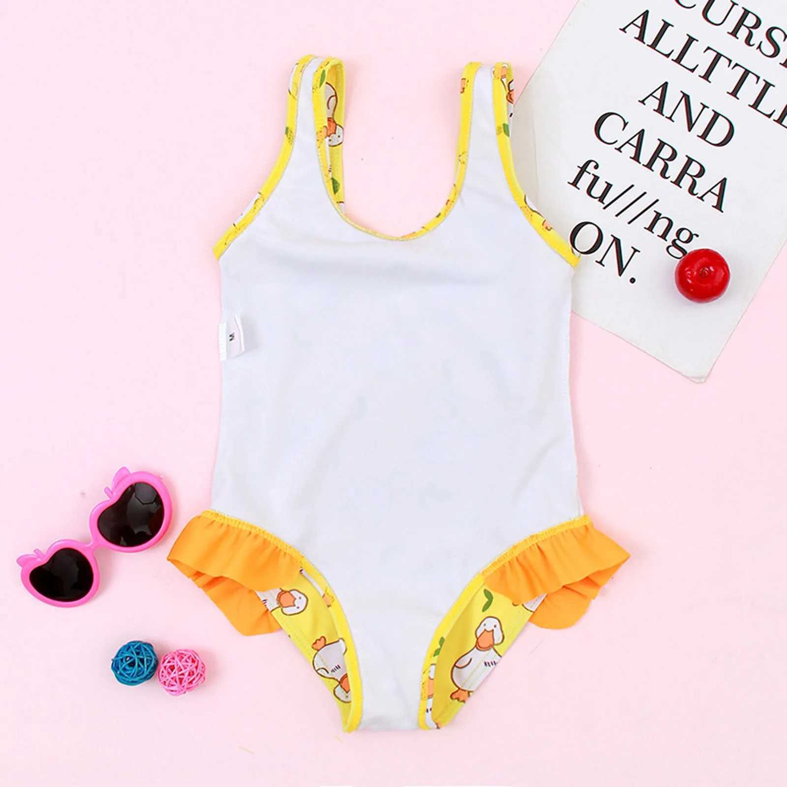 Swimsuit With Short Summer Toddler Girls Prints Ruffles 1 Piece Swimwear Beach Onesie Swimming Suits For Girls Size 8XJ250214
