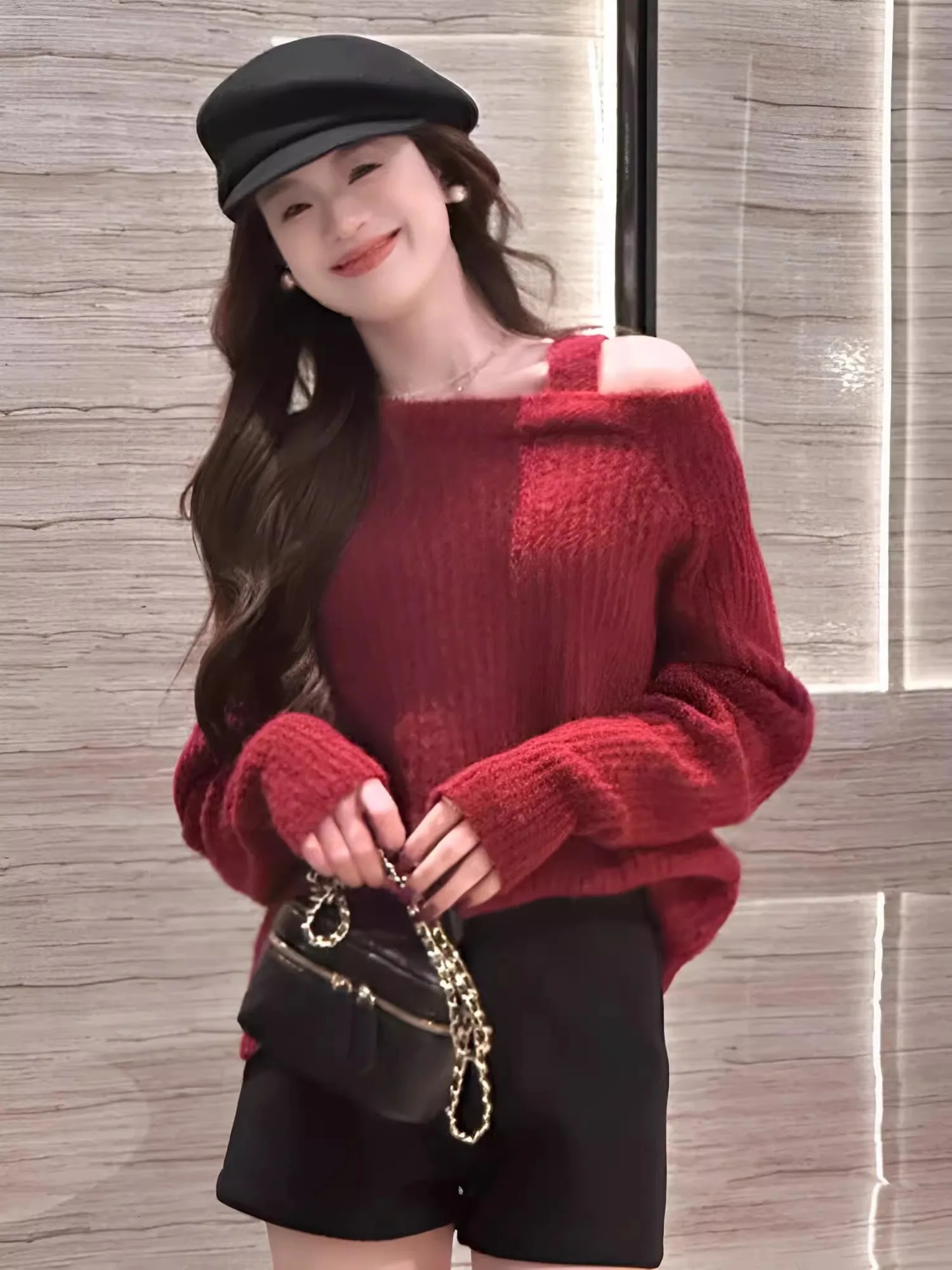 Off Shoulder Knitted Sweater Women Autumn Winter Solid Color Long Sleeve Fashion Casual Loose Pullover Tops Ladies Clothing 250210