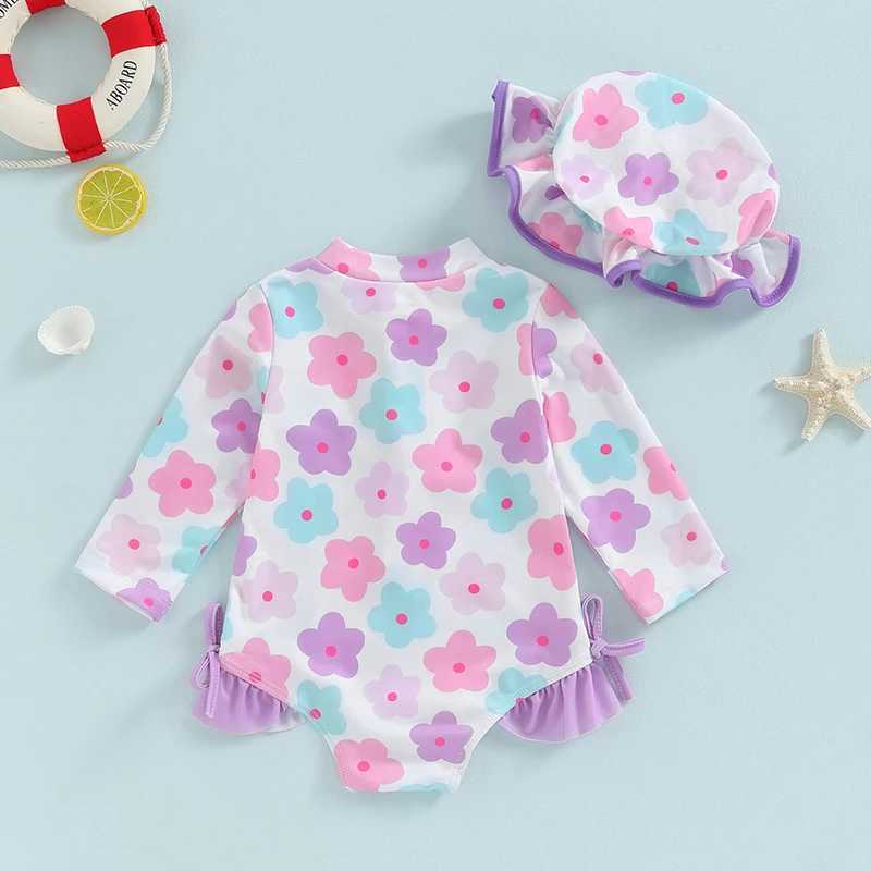 Baby Girl Rash Guard Swimsuits Summer Floral Print Zipper Swimwear and Sun Hat 2 Pieces Set for Toddler Bathing Suits BeachwearXJ250214