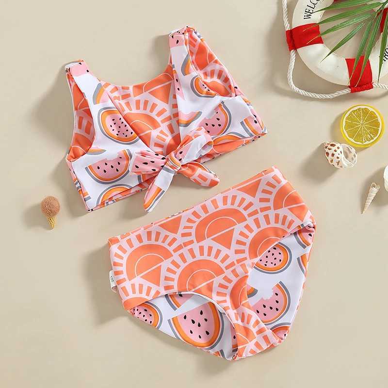 Kid Girl Swimsuit Two Pieces Sets Sleeveless V Neck Watermelon Print Striped Swimwear Summer Swimming Beach Bathing SuitXJ250214