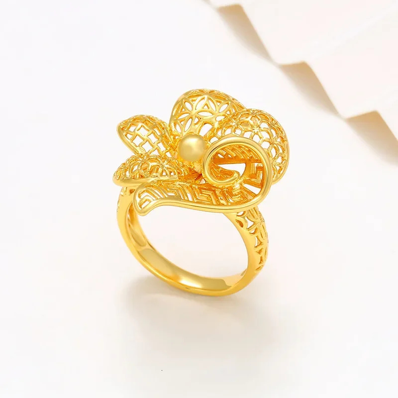 Fashion 24K Gold Exquisite Floral Gold Ring for Women Fashion Vintage Haute Couture Wedding Bride Wedding Ring 250214