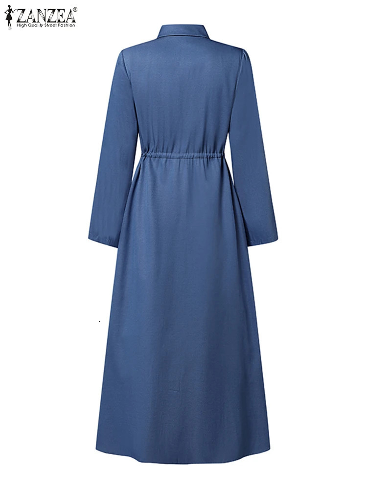 ZANZEA Spring Denim Blue Dress Women Elegant Long Sleeve Work Sundress Casual Lapel Neck Holiday Dresses Maxi Dress Kaftan 250213