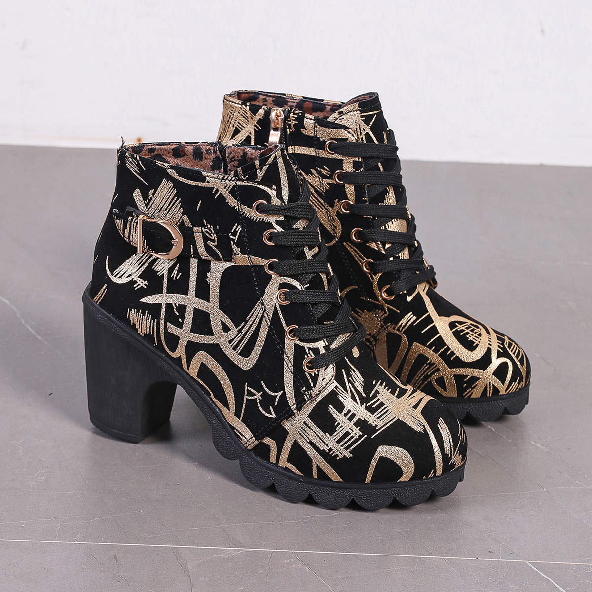 Fashion Lace up Women's 8cm Ankle Boots Round Head Leopard Pattern Inner Large Size36-42 Fashion High Heels Comfortable Work Shoes