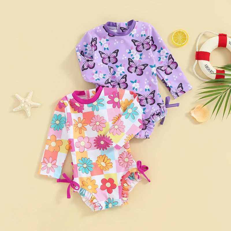 Baby Girls Bikini Swimwear Rash Guard Long Sleeve Flower Butterfly Print Bow Summer Swimming Bathing Swimsuit BeachwearXJ250214