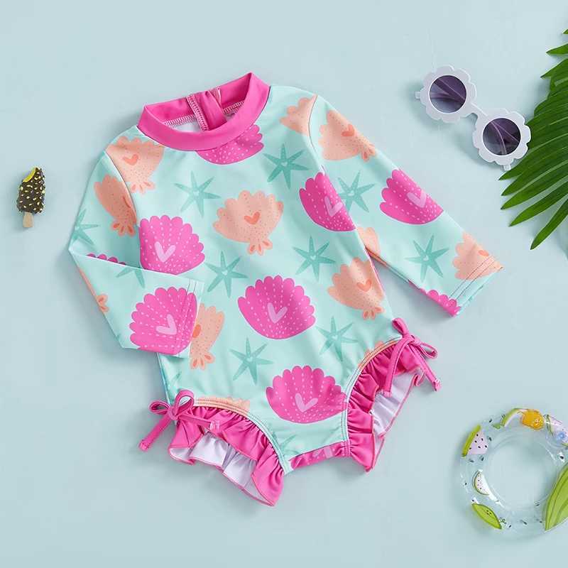 Citgeett Summer Kids Toddler Girls Swimsuit Bodysuit Long Sleeve Print Ruffles Bathing Suit Swimwear ClothesXJ250214