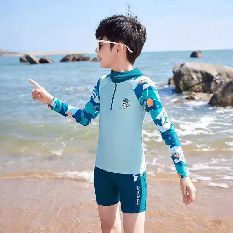 Sun Protection UPF 50+ Long Sleeve Swimming Sunsuit With Hat Children Boys Swimsuit Kids Split Bathing SuitsXJ250214