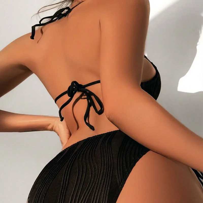 Cikini-Cut Out Tie Side Halter Swimsuit for Women Monochromatic Beach Swimwear Bathing Suit SummerW250214