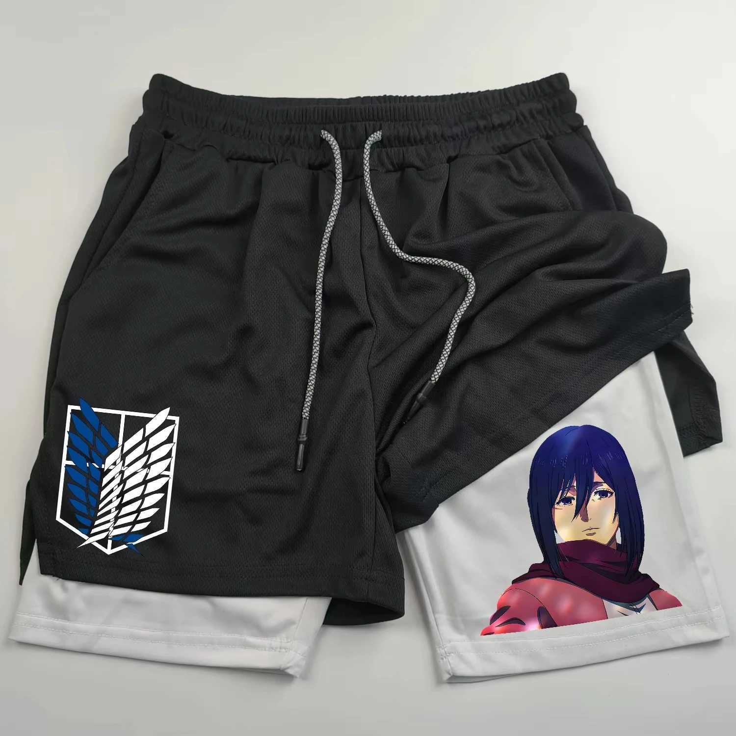 2-in-sports shorts anime Attack on Titan mens shorts quick drying breathable sports fitness shorts outdoor running gym short W250215