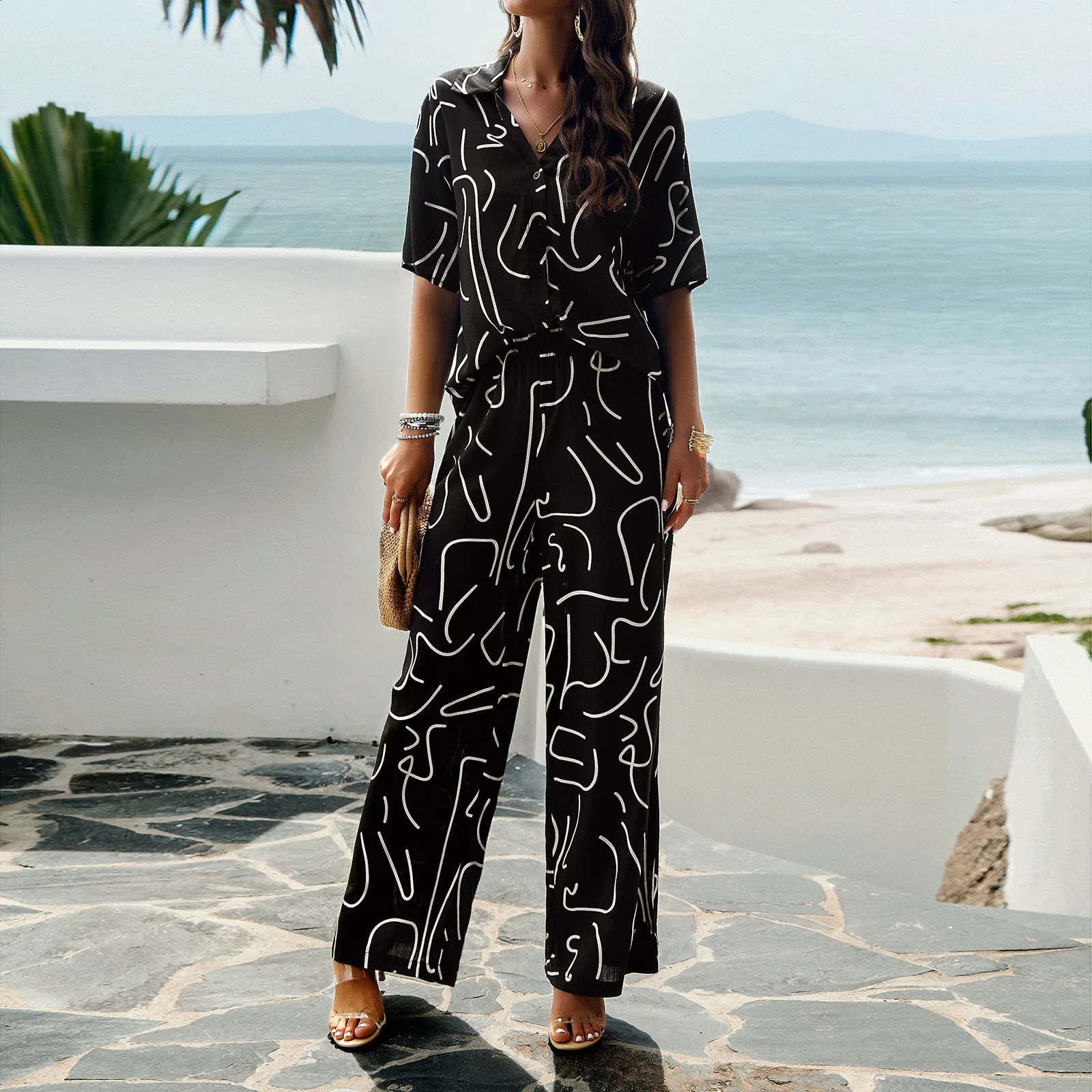 Womens Set Two Pieces Summer Line Printed Short Sleeve Womens Shirt Loose Elastic Waist Ladys Pants Womens Clothing Set 250210