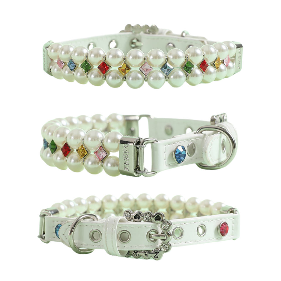 Fashion Pearl Dog Collar with Colorful Zircon Decoration,Collar Leash Set for Cat Dog, Cat Princess Neck Decoration, Adjustable Pet Collar for Small M
