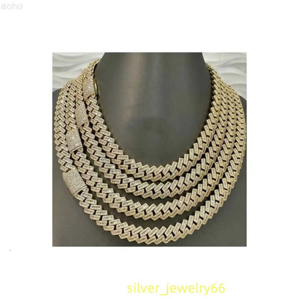 12mm Baguette Miami Cuban Link Chain Vvs Moissanite Diamond Stubbed 925 Sterling Silver Gold Plated 18-24 with Baguette Lock.