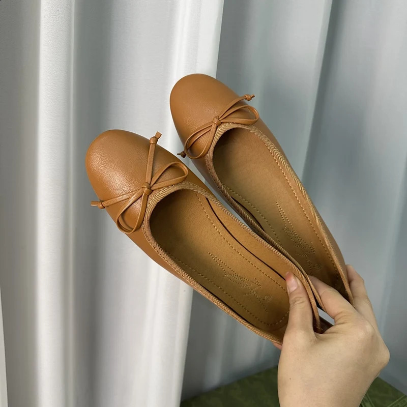 Ballerina Womens Flat Shoes Comfort Non-slip Ladies Loafers Leather Flats Elegant Bowknot Womens Single Shoes Fashion 250214