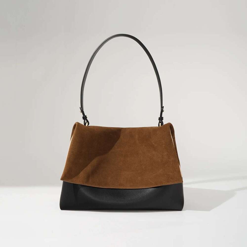 2023 Winter Suede Leather Women Underarm High Quality Retro Tote Bag Designer Female Cowhide Panelled Commute Handbag