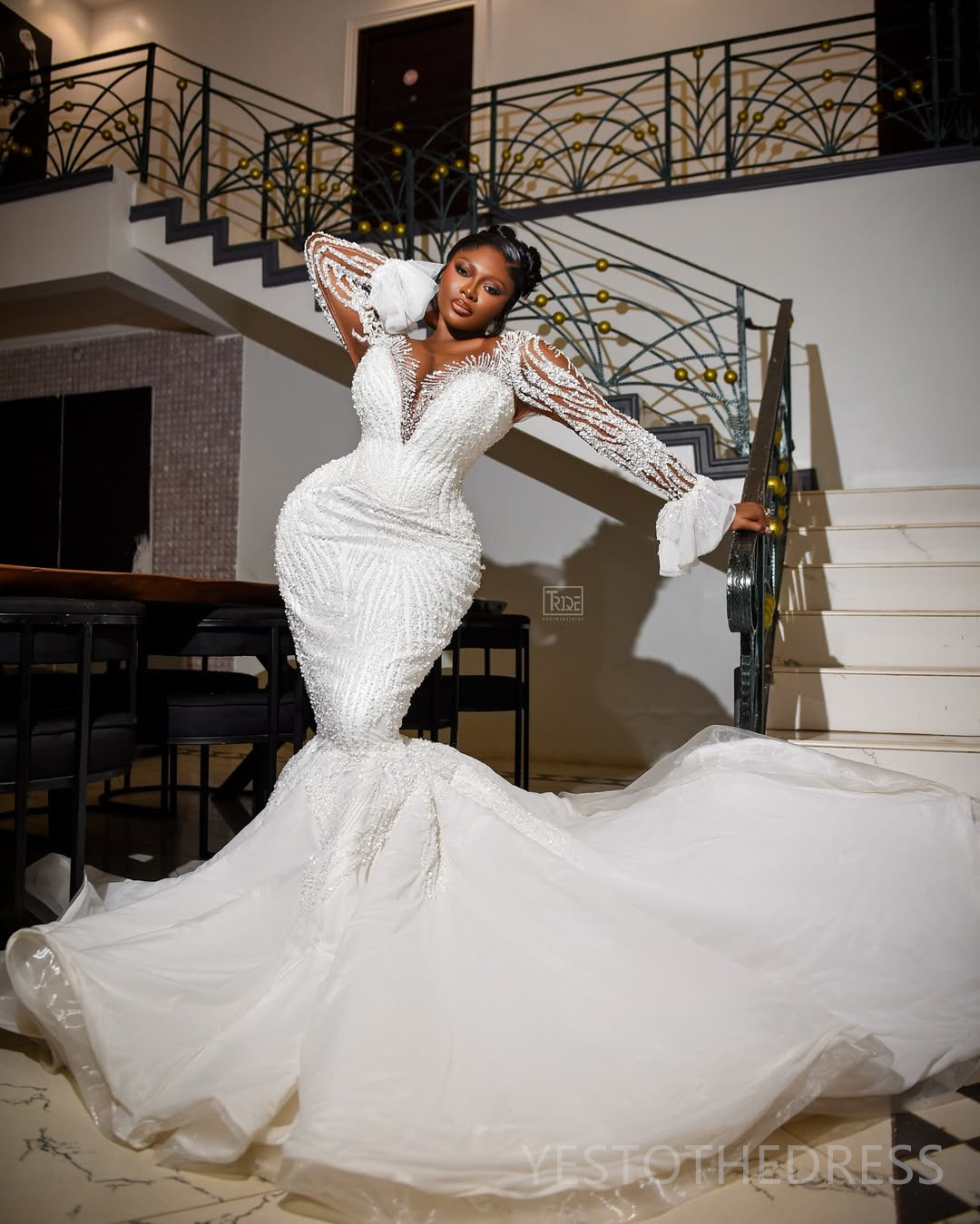 2025 Plus Size Mermaid Wedding Dress Bridal Gowns For Bride Sheer Neck Illusion Long Sleeves Appliqued Beaded Pearls Lace Wedding Gowns For Black Wome