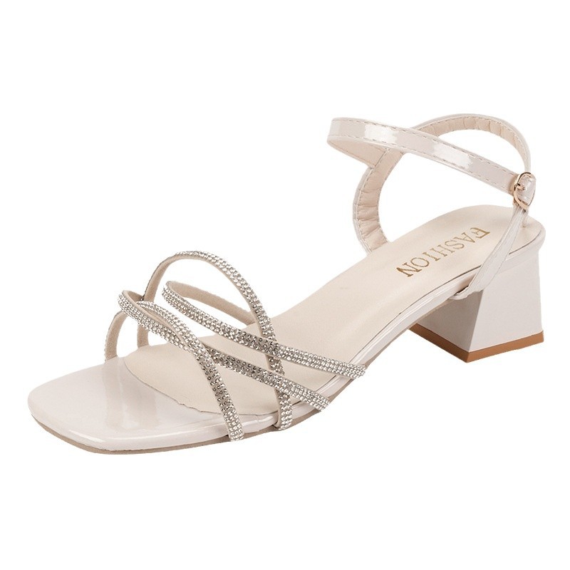 Women Sandals Fashion High Chunky hot Heel Dia NEW hot Chain Design Versatile Triple Beige Free shipping