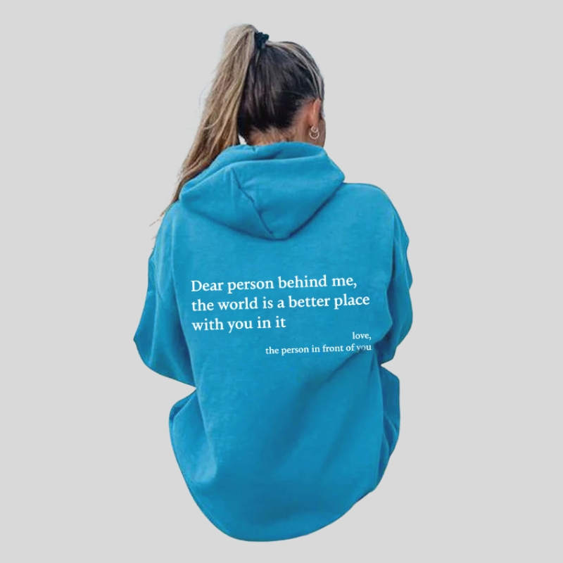 New arrival European beautiful women's fleece sweater letter slogan printed kangaroo pocket drawstring printed hoodie