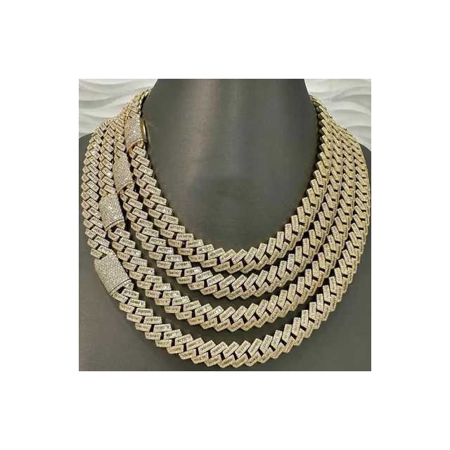 12mm Baguette Miami Cuban Link Chain Vvs Moissanite Diamond Stubbed 925 Sterling Silver Gold Plated 18-24 with Baguette Lock.