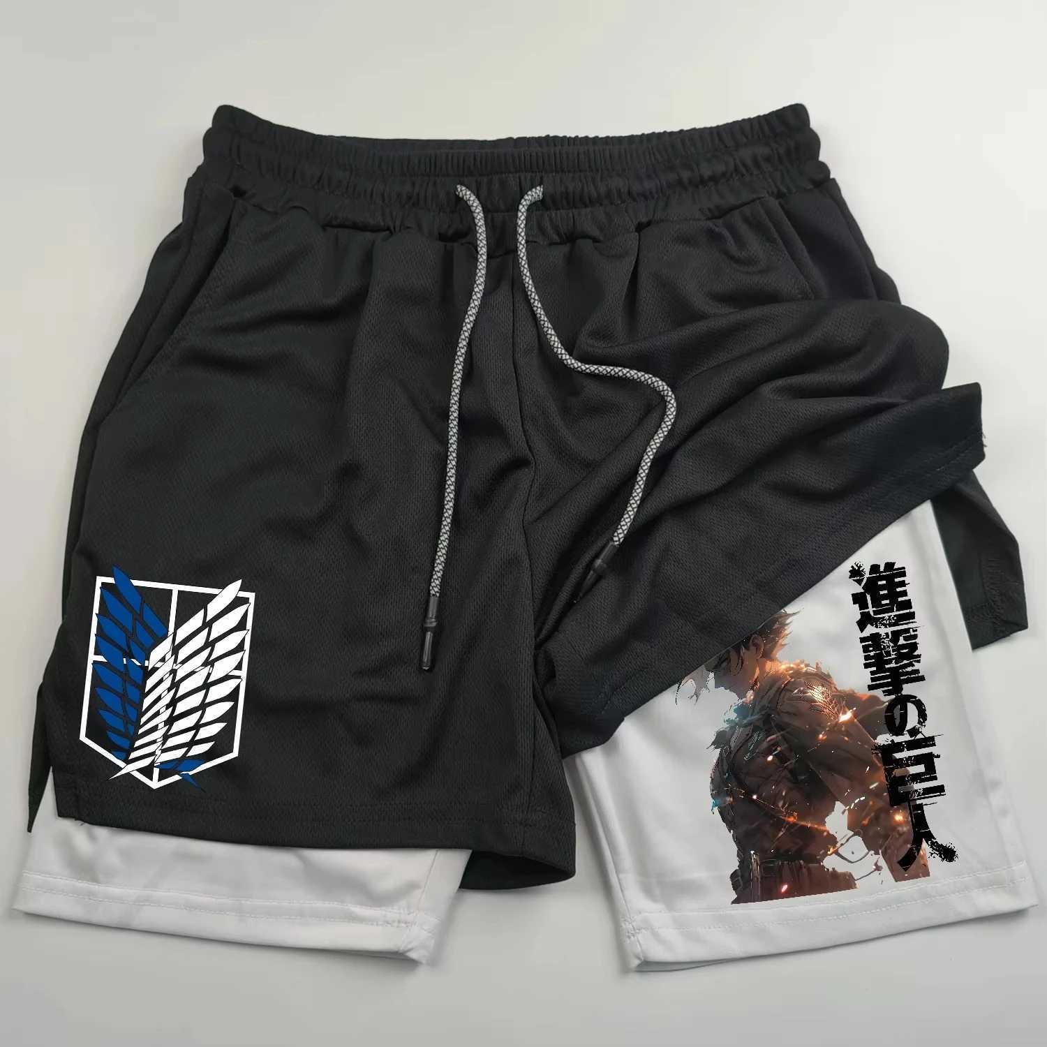 2-in-sports shorts anime Attack on Titan mens shorts quick drying breathable sports fitness shorts outdoor running gym short W250215