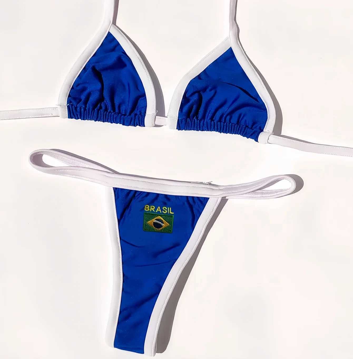 RUOTONSEPT Sexy Embroidery Brasil Flag Contrast Split Bikini Set Women Swimwear Patchwork Swimsuit Hottie Outfit SummerBeachwearT250214